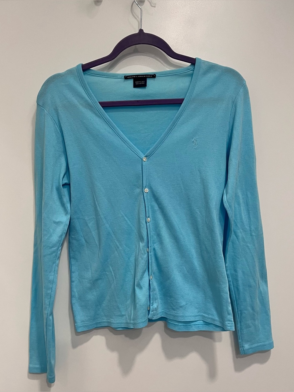 Ralph Lauren Golf Cardigan Sweater Medium Blue Cotton Knit Classic V-Neck Button